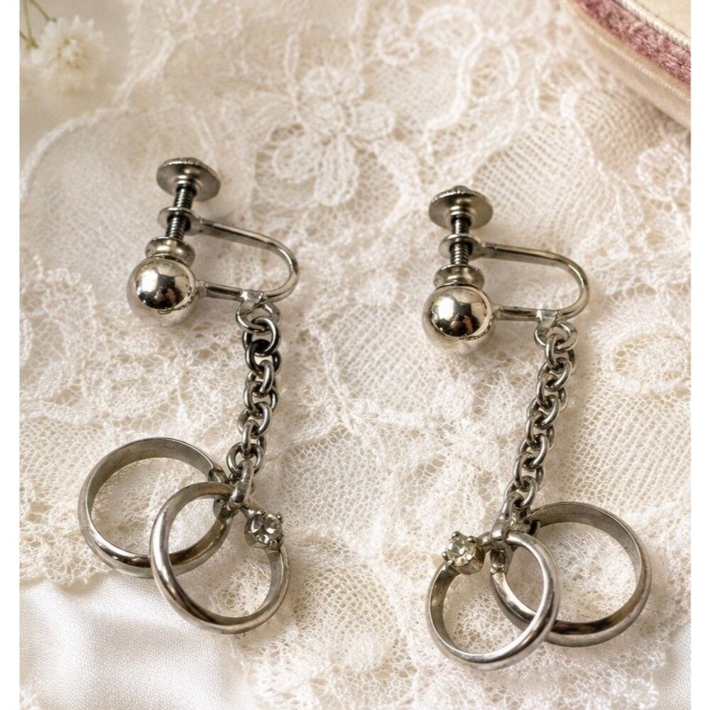 Vintage 1950s Silver Tone Alice Wedding Ring & Band Screw-Back Dangle Earrings